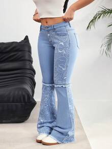 SHEIN EZwear 女士休闲水洗卡通印花低腰喇叭牛仔裤 - 藍色 - 查看 3