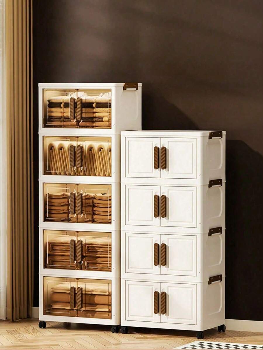 5-Layer Stackable Plastic Storage Box With Lid - Wardrobe Organizing Cabinet, 32 Sided Wide Folding Box, Foldable Storage Container, Handicraft Organizing Box, Suitable For Home, Food Storage Room, Office, Dormitory (Without Wheels)