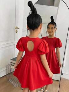 SHEIN 少女優雅紅色圓領蝴蝶結裝飾泡泡短袖百褶大裙擺公主洋裝 - 紅色 - 查看 5