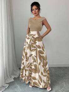 Elenzga 女士蓝色拼接印花V领收腰喇叭裙摆休闲度假连衣裙 - 卡其色 - 查看 3