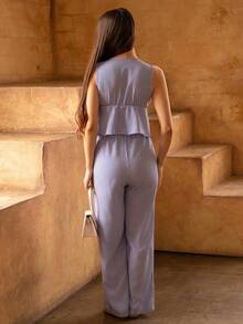 Andrea Bello European & American Style Summer New Pink Stripe Drawstring Simple Casual Straight Leg Pants, Women 2 Pieces Set - Blue - View 2