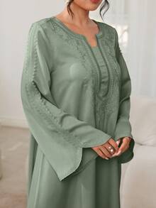 SHEIN Najma Embroidered Floral Trim Patchwork Long Sleeve Maxi Dress, Turkish & Arabic Traditional Style - Green - View 3