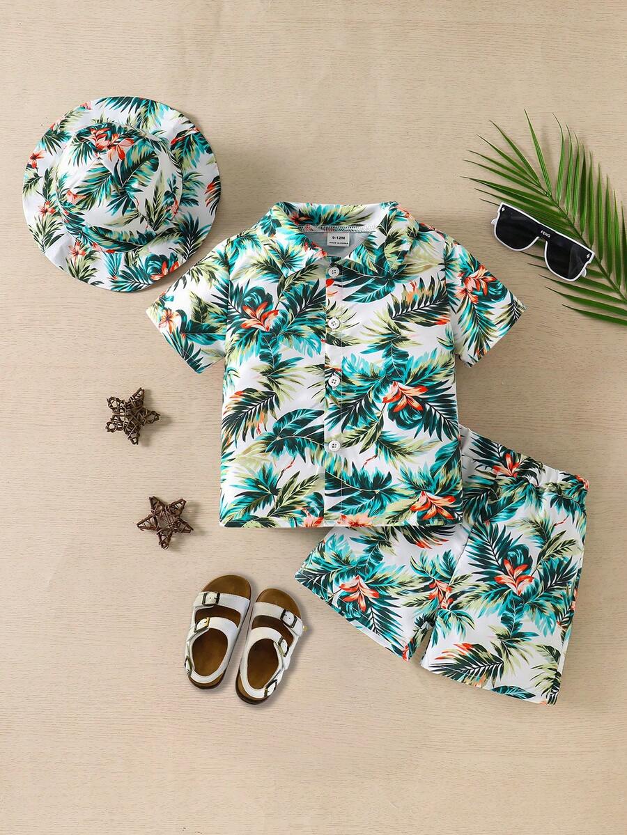 3件套幼儿男童热带植物印花短袖衬衫、短裤和帽子夏季休闲度假套装 - 彩色 - 查看 1