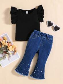 SHEIN Baby Girl White Pearl Embellished Blue Denim Flare Jeans - Dark Wash - View 1