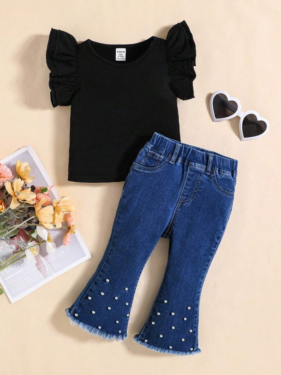 SHEIN Baby Girl White Pearl Embellished Blue Denim Flare Jeans - Dark Wash - View 1