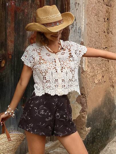 DAZY Hollow Knit V-Neck Short Sleeve Casual Vacation Summer Women Thin Cardigan