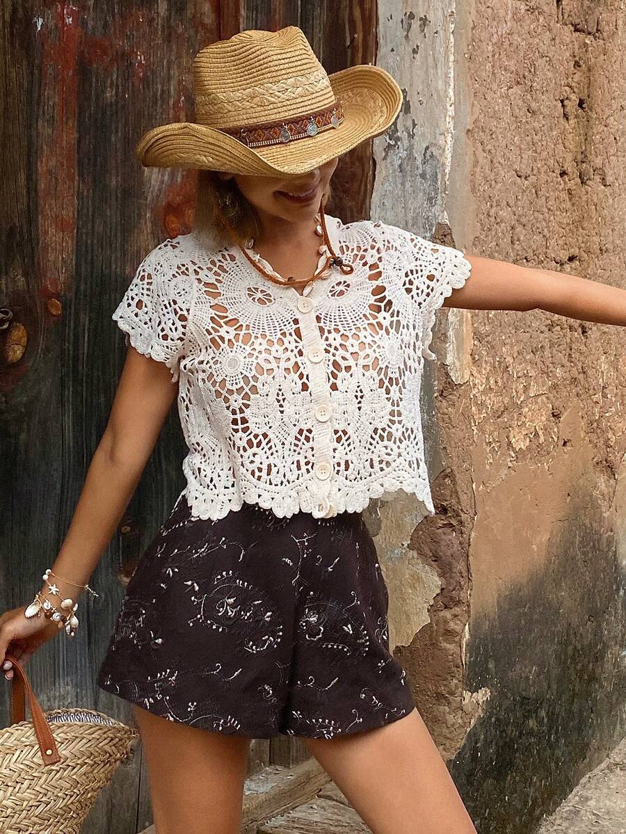 DAZY Hollow Knit V-Neck Short Sleeve Casual Vacation Summer Women Thin Cardigan - Apricot - View 1