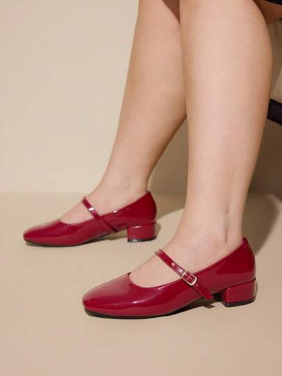 CUCCOO CURVES Red Thick Heel With Fattened Shoes, Low Vamp Commuting French Temperament, Professional Low-Heeled Shoes, Women's Outer Wear, Square Toe Is Not Tired, Feet Are Widened