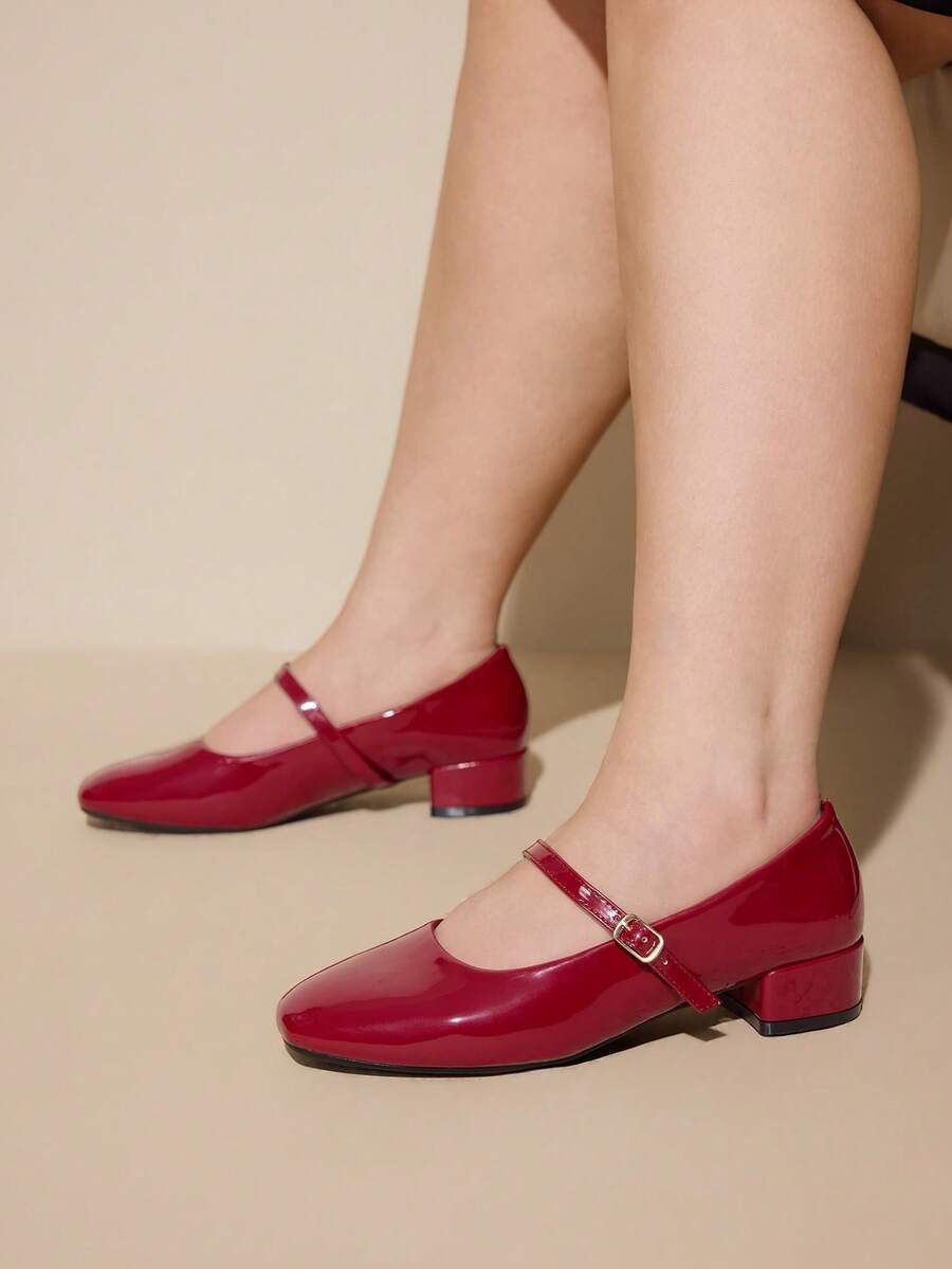 CUCCOO CURVES Zapatos de mujer con tacón grueso rojo, zapatos con suela gruesa, zapatos de tacón bajo de temperamento francés para uso diario, zapatos para usar afuera, con punta cuadrada que no cansa y con forma de pie ancha - Rojo - Ver 1
