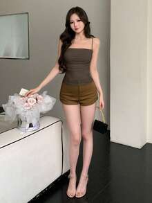DAZY 女士纯色褶皱吊带背心，休闲性感夏季上衣 - 咖啡棕 - 查看 5