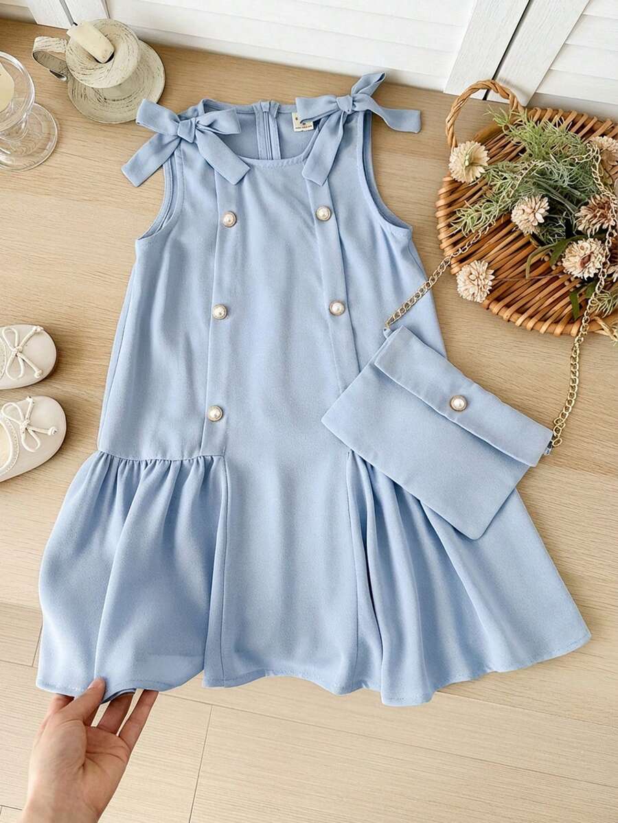 SHEIN LMoss Kids 女童編織純色圓領無袖修身洋裝 - 淺藍色 - 查看 1