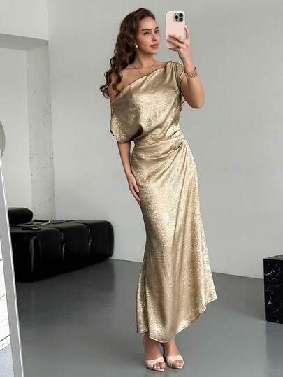Aloruh New Arrival Spring/Summer Elegant Sexy Party Asymmetric Shoulder Design Ruched Waist Slimming Long Dress, Gold Evening Gown, Wedding Season Dress