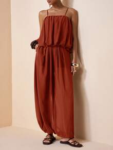 Zivah 2026 Spring/Summer New Music Festival, Easter, St. Patrick's Day, Valentine's Day, Date, Western, Nomadic, Birthday Party, Graduation, College Style, Student, Daily Casual, Basic Versatile, Leisure, Cruise Travel, Beach, Sunbathing, Viral Hit, Streetwear, Wedding Guest, Commuter, Brunch, Airport, Party, Holiday Outing, Office Wear, Camisole Ruffle Bud Layered Top And Wide Leg Pants With Pockets, Pleated Texture Palazzo Pants, Brown Chiffon 2-Piece Set - Redwood - View 7