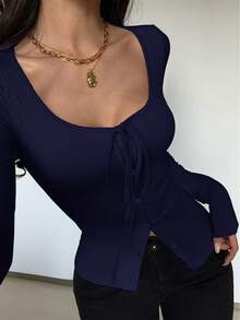 SHEIN Glamour 性感纯色针织弹力圆领系带长袖修身纽扣装饰百搭女式T恤 - 藏蓝色 - 查看 3