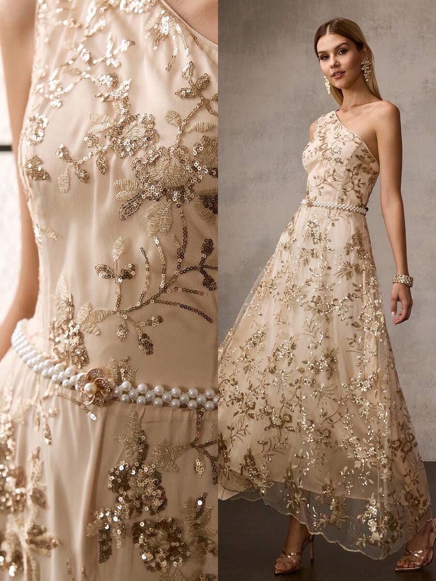 MOTF PREMIUM VESTIDO ASIMÉTRICO CON CUELLO DE LENTEJUELAS DE CONTRASTE