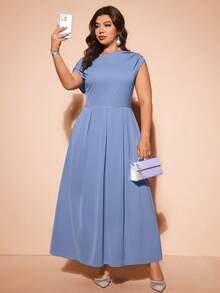 Cravure Plus Size Women's Long Satin Dress, Asymmetric Neckline 3D Design, Elegant For Parties, Afternoon Tea, Weddings, Green Color - Blue - View 5