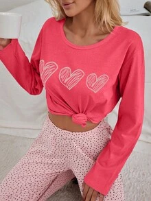 EURMUSE 100% Cotton 2Pcs  Heart Printed PJ Set - Hot Pink - View 3