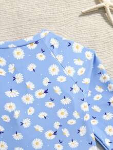 SHEIN 少女碎花荷叶边长袖连体泳衣，适合游泳、度假、夏季穿着 - 藍色 - 查看 5