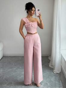 Elenzga 女士粉色竹编结单肩吊带花卉装饰设计露脐上衣，优雅职业装，活力四射的嘉年华、劳动节、复活节、返校派对、春季上衣搭配夏季裤装，春夏新款时尚必备小众设计百搭女士优雅两件套 - 粉色 - 查看 5