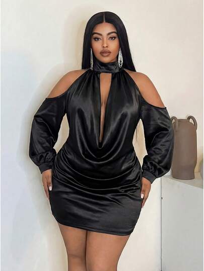 Maweii Plus Size Satin Sexy Deep Draped Neck Cold Shoulder Party Dress