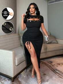 NU&NOW 大码女士性感针织罗纹连衣裙，镂空前片设计，金属孔眼装饰，不规则下摆，高开衩抽绳设计，修身剪裁，时尚百搭，适合派对、音乐节、度假、约会等场合，新款大码连衣裙，情人节必备，短袖中长款连衣裙 - 黑色 - 查看 2