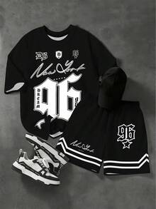 青少年男孩夏季休闲字母数字印花T恤和短裤套装 - 彩色 - 查看 4