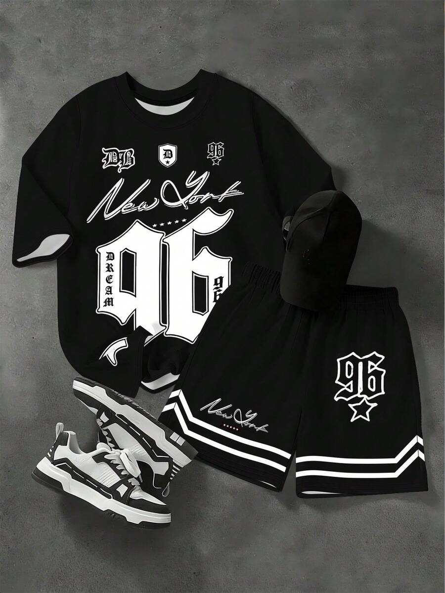 Teen Boy Summer Casual Letter & Number Print T-Shirt And Shorts Set - Multicolor - View 1