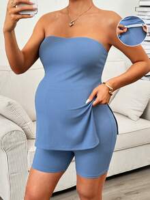 SHEIN 两件套孕妇纯色抹胸上衣和可调节腰围短裤休闲日常穿着套装 - 藍色 - 查看 4