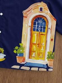 Manfinity Joysei Men's Casual House Print Short Sleeve Shirt, Summer - Navy Blue - View 3