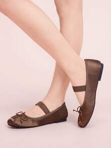 CUCCOO DOLLMOD Women's Mary Jane Style Flat Shoes, Brown Satin Fabric Bow Decoration - Coffee Brown - View 3