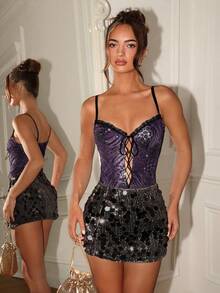 Glamine Camiseta vintage con corpiño para mujer con estampado de leopardo brillante, parches de malla, contraste de color y adorno floral - Multicolor - Ver 5