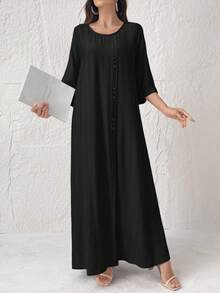 Al Najma Vestido de mujer de unicolor con cuello redondo, manga 3/4 y diseño de botones en estilo árabe - Negro - Ver 6