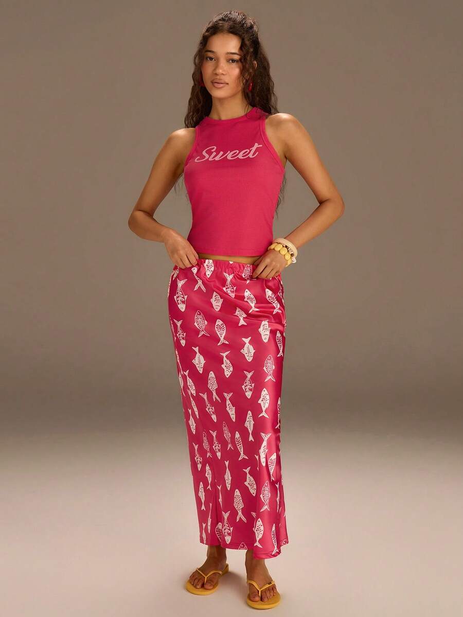 Athîral Conjunto de 2 piezas de top de punto y falda de color rojo sandía casual para mujer, primavera/verano - Rojo - Ver 1