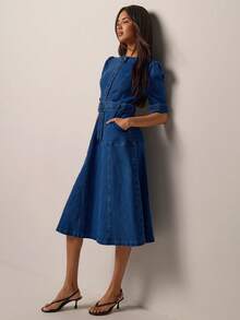 COSMINA Women's Spring/Summer Lightweight Blue Denim V-Neck Button-Front Mid-Length Waist-Cinched Straight Denim Dress - Blue - View 5