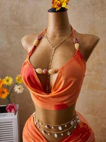 Femesol Bộ bikini dài kiểu dáng nghỉ dưỡng đảo nhiệt đới mới, bộ 2 mảnh ôm sát gợi cảm dành cho nữ, họa tiết hoa màu cam. - Nhiều màu - Xem 4