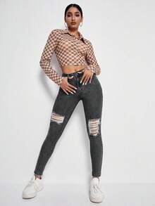 SHEIN ICON Calça Jeans Casuais Versáteis de Uso Diário com Bolso e Botão Desgastado para Mulheres - Chumbo - Visão 4