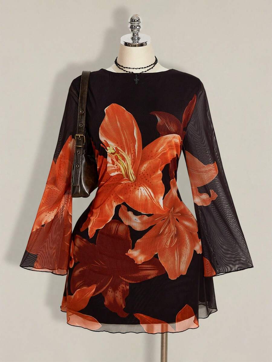 SHEIN ICON 大码女式秋季连衣裙,女式长袖连衣裙,Y2K复古大碎花网纱喇叭袖性感节日连衣裙,日常穿着 - 橘色 - 查看 1