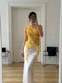 Firerie 女士不对称荷叶边无袖上衣，浪漫水母下摆不规则设计，适合约会之夜、波西米亚海滩度假、乡村音乐节、秋季、可爱风、仙女风、冬季、乡村音乐节、度假、春夏、优雅、通勤、约会、派对、音乐节、婚礼季、毕业典礼、演出、工作、返校、度假、波西米亚风、海滩等场合。 - 黃色 - 查看 4