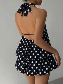Aloruh Vestido corto de verano con escote halter y espalda descubierta, con estampado de lunares sexy para mujer - Blanco y Negro - Ver 5