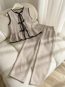 SHEIN 少女蝴蝶装饰撞色滚边休闲无袖衬衫和阔腿裤两件套 - 卡其色 - 查看 4