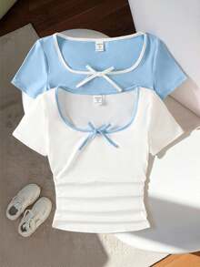 SHEIN Bộ 2 áo thun nữ tuổi teen cổ vuông phối màu có nơ trang trí - Xanh và trắng - Xem 1
