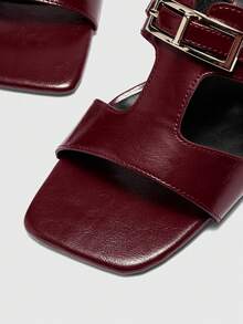 CUCCOO BIZCHIC 春夏新款户外女士黑色方头露趾高跟凉鞋，女士细高跟法式凉鞋，带裙摆和金属扣 - 酒紅色 - 查看 5