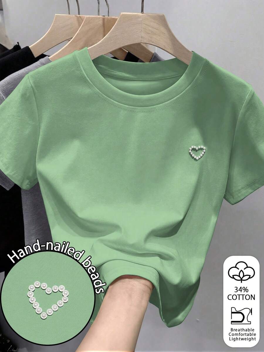 EMERY ROSE Camiseta corta hecha a mano con cuentas, estilo Y2K - Verde - Ver 1