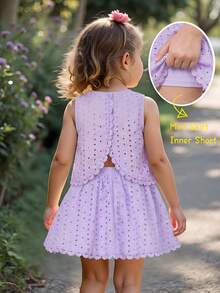 Emery Rose Kids Emery Rose Kids 女嬰休閒簡約舒適圓領無袖露背不對稱下擺背心上衣與裙子套裝 - 紫色 - 查看 1