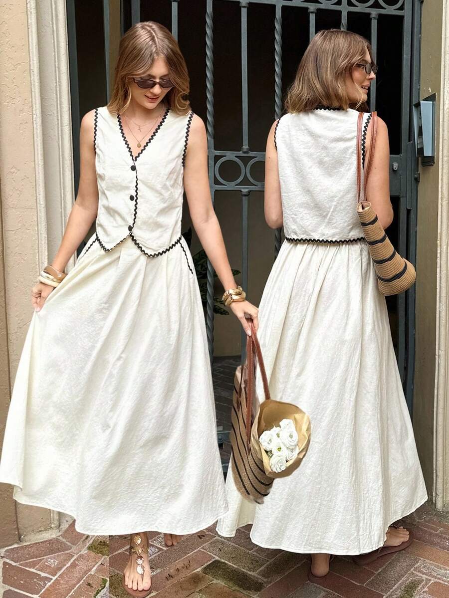 Serisse Women's Vacation Casual Woven Trim Camisole And Skirt 2 Pieces Set,Summer ,Spring,Valentine's Day,Party,Wedding,Ceremony,Elegant ,Vacation,Casual, Formal, - Apricot - View 1