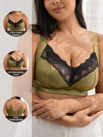 1pc Glossy Lace Patchwork Full Coverage Women's Bra