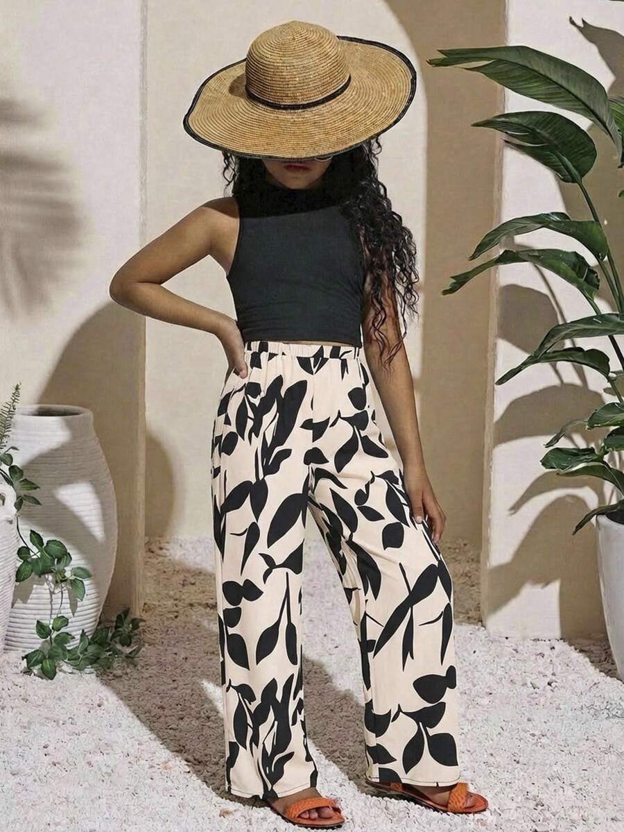 SHEIN طقم بنطلون فضفاض منسوج ولباس علوي بدون أكمام صلبة مناسبة للفتيات المراهقات، قطعتان - وردي فاتح - مشاهدة 1