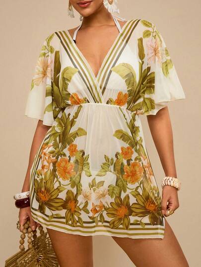 Travachic Plus Size Tropical Floral Print V-Neck Loose Beach Cover Up Swimsuit For Women, Casual Vacation