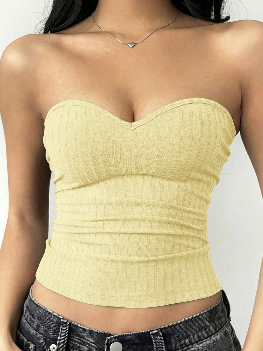 SHEIN BASICS 女士休闲纯色针织修身抹胸上衣