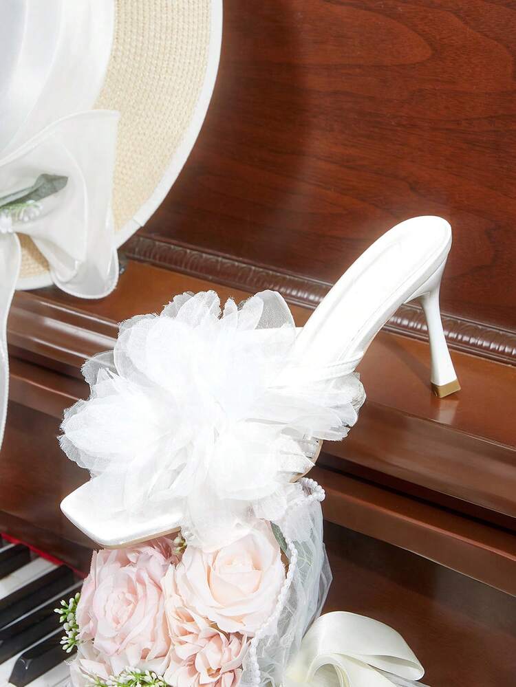 CUCCOO HITCHD Women Shoes Summer And Summer New Mesh Flower Decoration Square Toe Stiletto 8.2cm Women's High Heel Shoes Elegant White Dating Wedding Women's High Heel Sandals Wedding Shoes Summer Shoes Bride Shoes